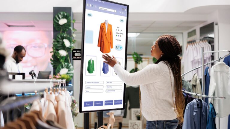 A woman using a digital signage in a clothing store