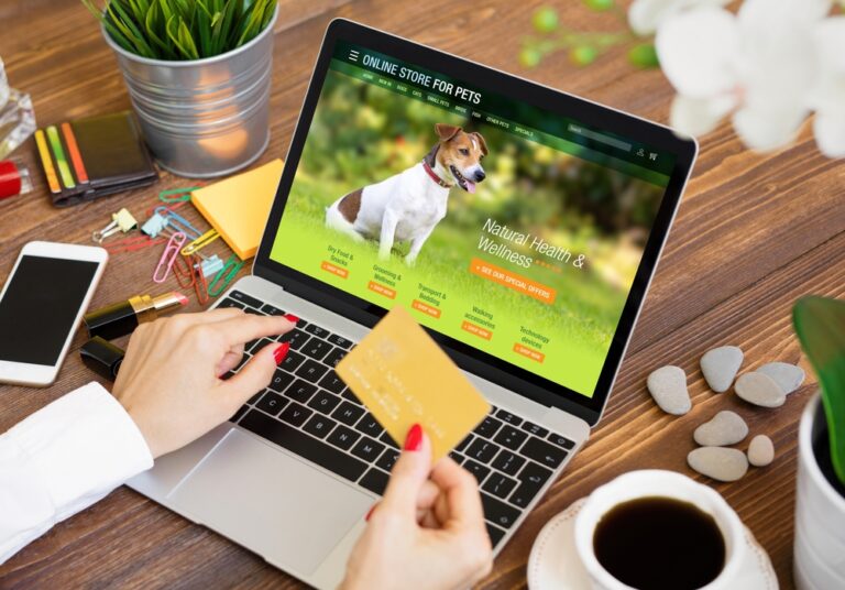 Woman Using Laptop And Shopping For Pets Products And Supplies