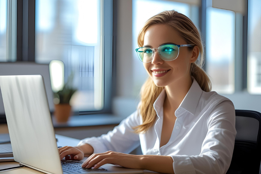 Person working comfortably at a desk with a laptop, wearing PRN Vision anti-glare lenses in a bright office.