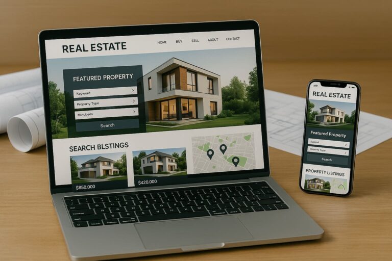 A sleek, modern real estate website design displayed on a laptop and smartphone, showcasing property listings with map integration and contact forms, set on a wooden desk with architectural drawings in the background