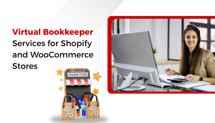 Virtual bookkeeper managing Shopify and WooCommerce store accounts on a laptop