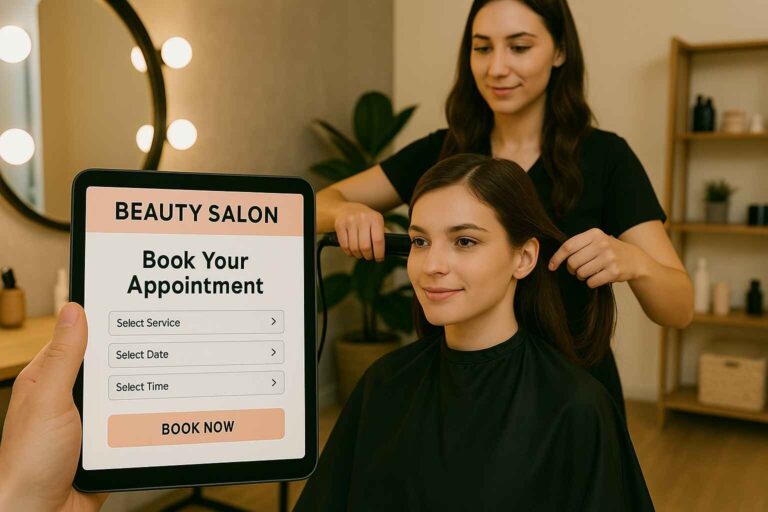 Modern salon in Delhi with an online booking website open on a tablet