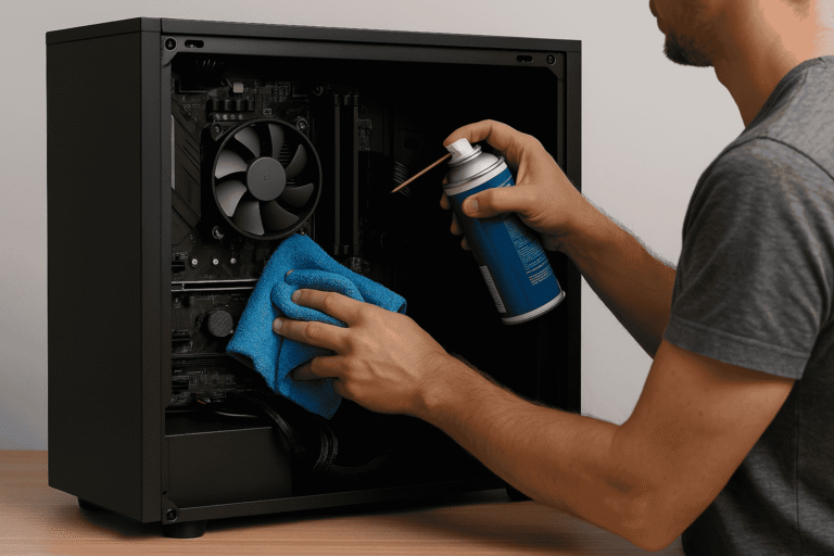 person cleaning computer